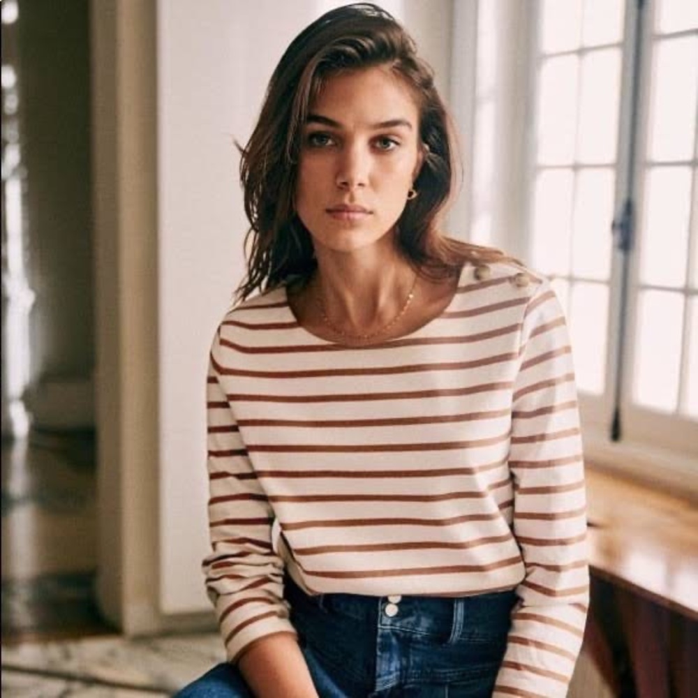 Sezane Cream and Brown Striped Long Sleeve Tee